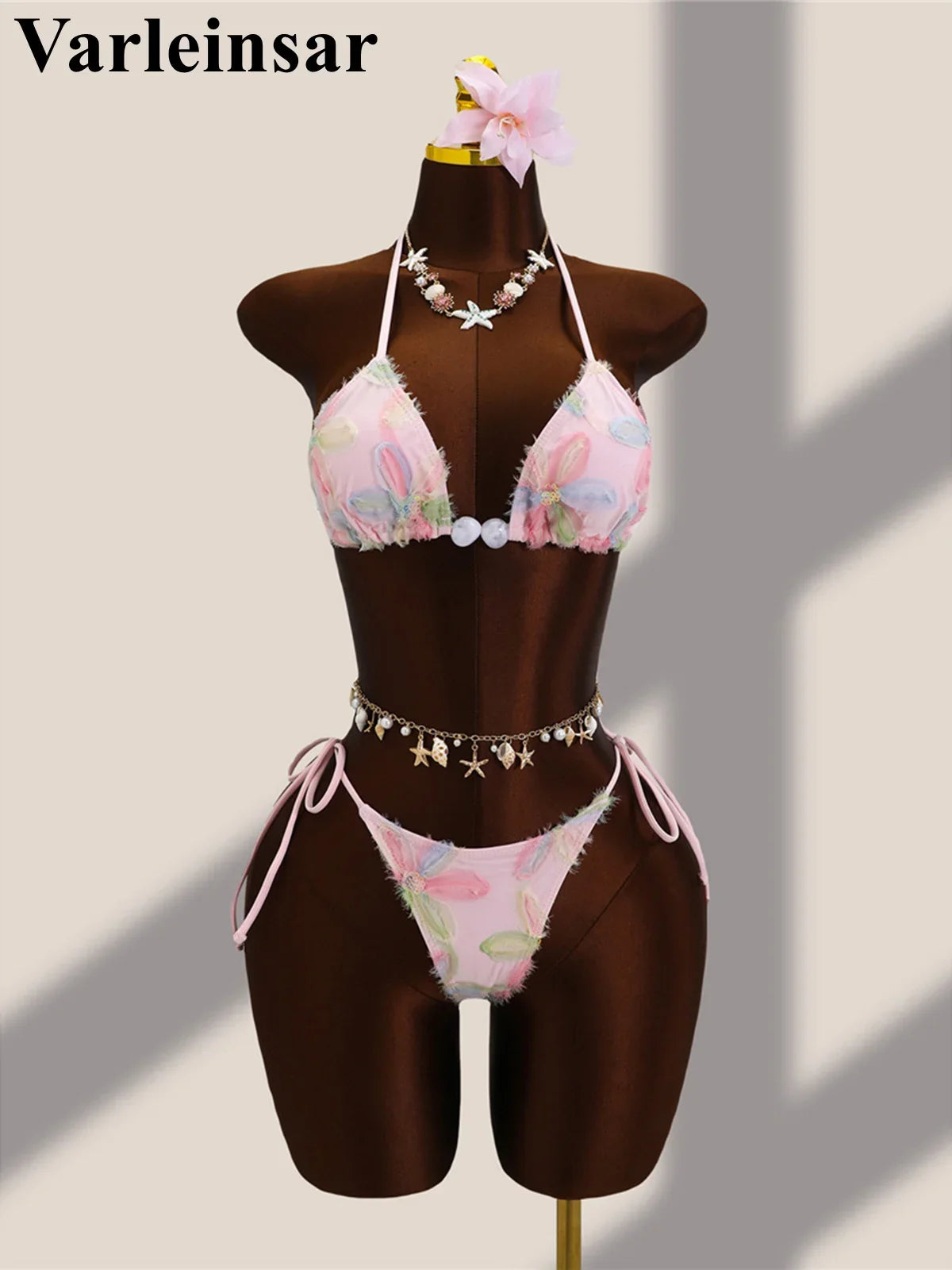 With Sarong Flower Printed Halter Bikini Female Swimsuit Women Swimwear Three-pieces Bikini set Bather Bathing Suit Swim V8321
