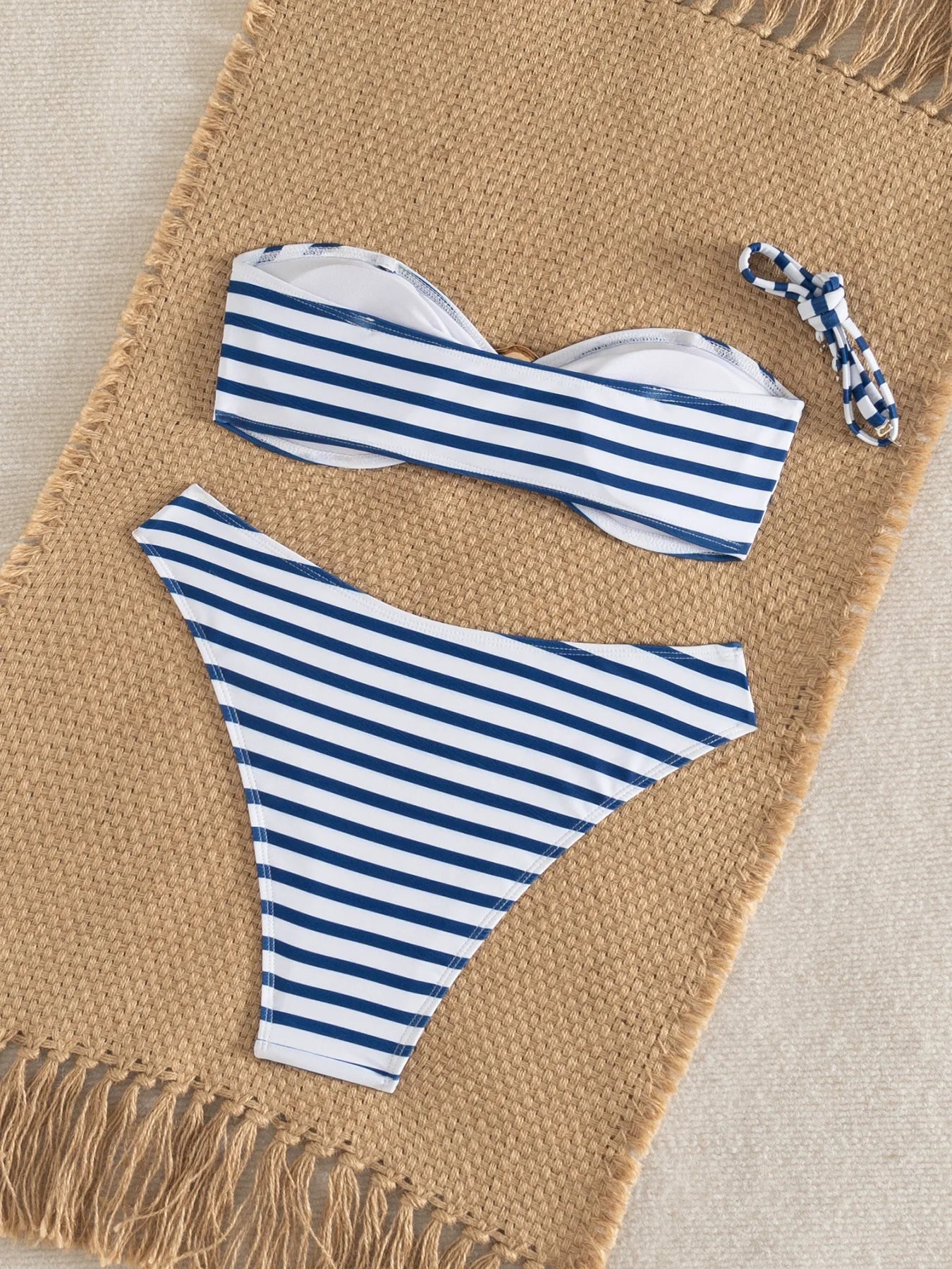 Sexy Blue Striped Micro Bikini 2026 Women Bandeau Front Metal Circle Push Up Bra High Waist Swimsuit Beach Bathing Suit Swimwear