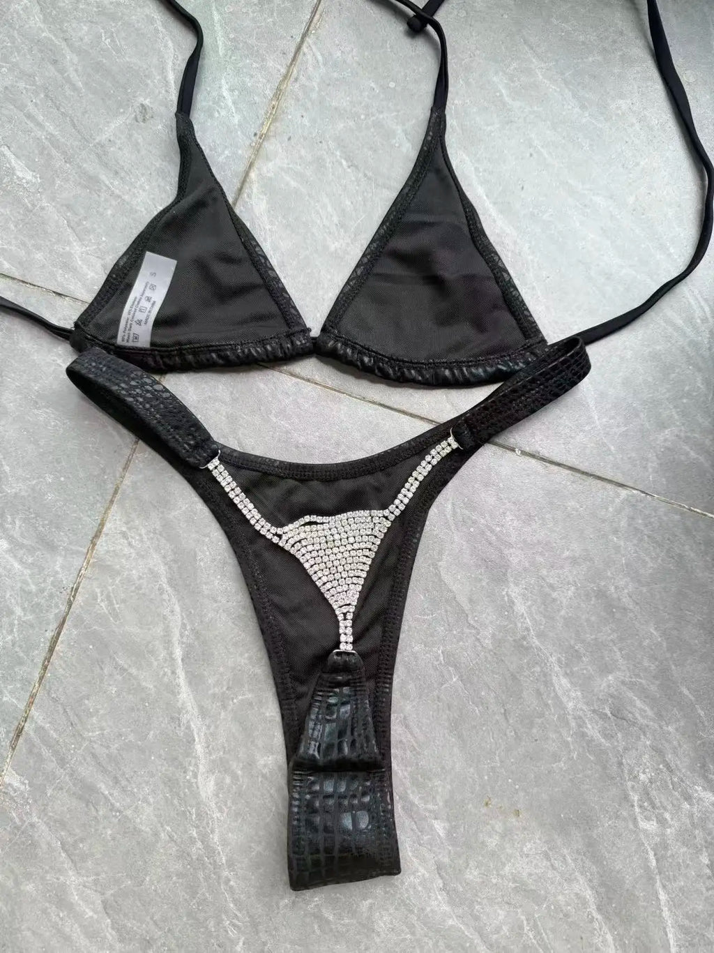 DEKA Luxury Diamond Back Thong Bikini Shiny Black Snakeskin Print Bikini Set Swimwear Women Swimsuit Beach Push Up Bathing Suit