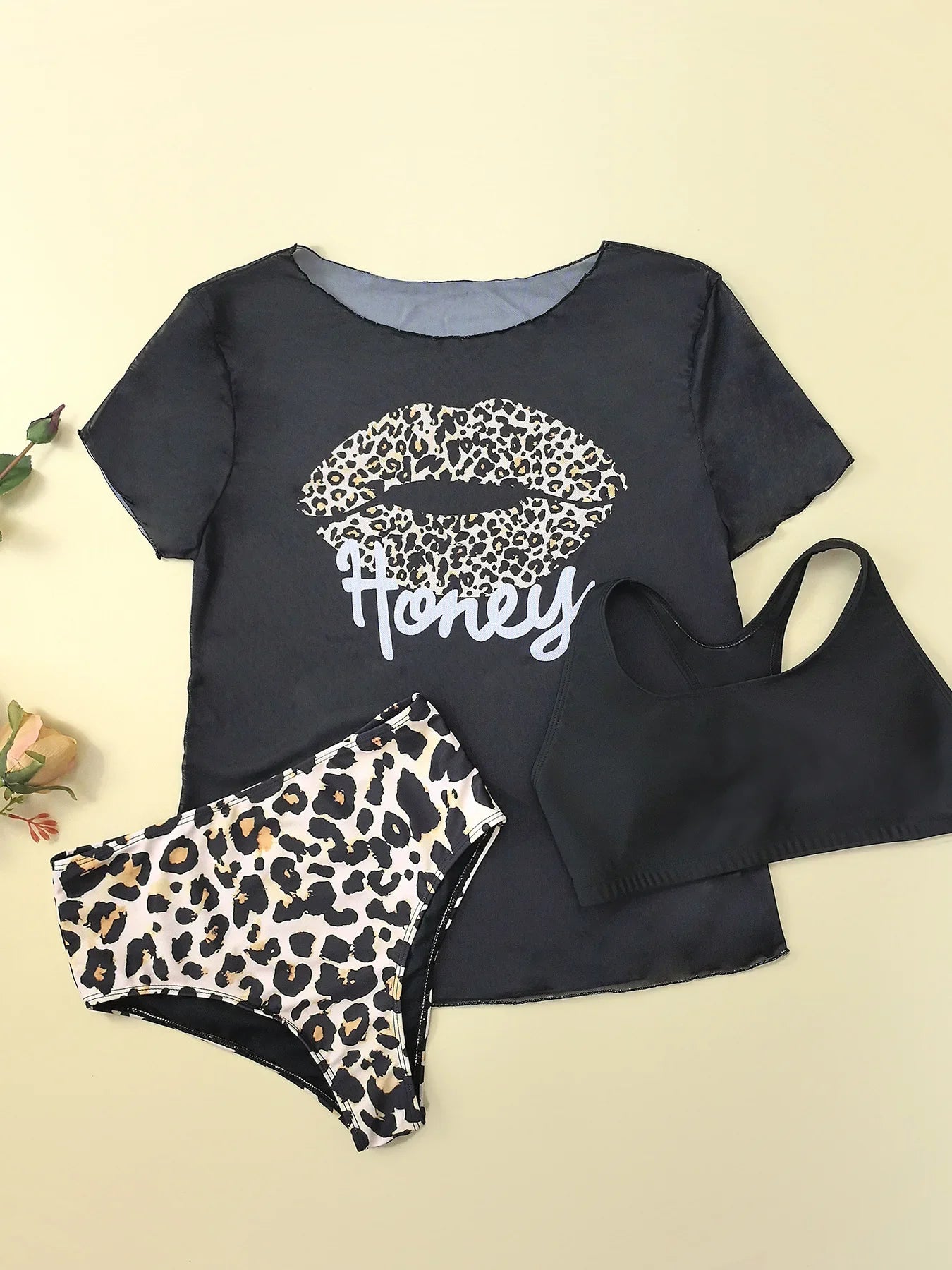 Women Leopard Print Lips Vest Bikinis Sets Three Pieces with Perspective Mesh Cover Crop Tops Swimsuit Bathing Suit Biquini