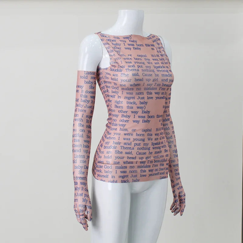 AHAgaga Sexy Tee T-shirt Women 2025 Summer Casual Letter Print Skinny See Through With Gloves Cropped Shirts Women Female Blusas