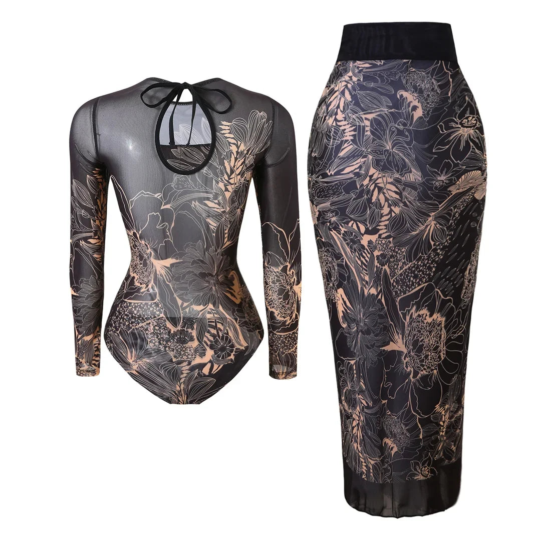 S - XXL Printed Long Sleeve With Sarong One Piece Swimsuit Women Swimwear Female Flowers Padded Bather Bathing Suit Swim K7181