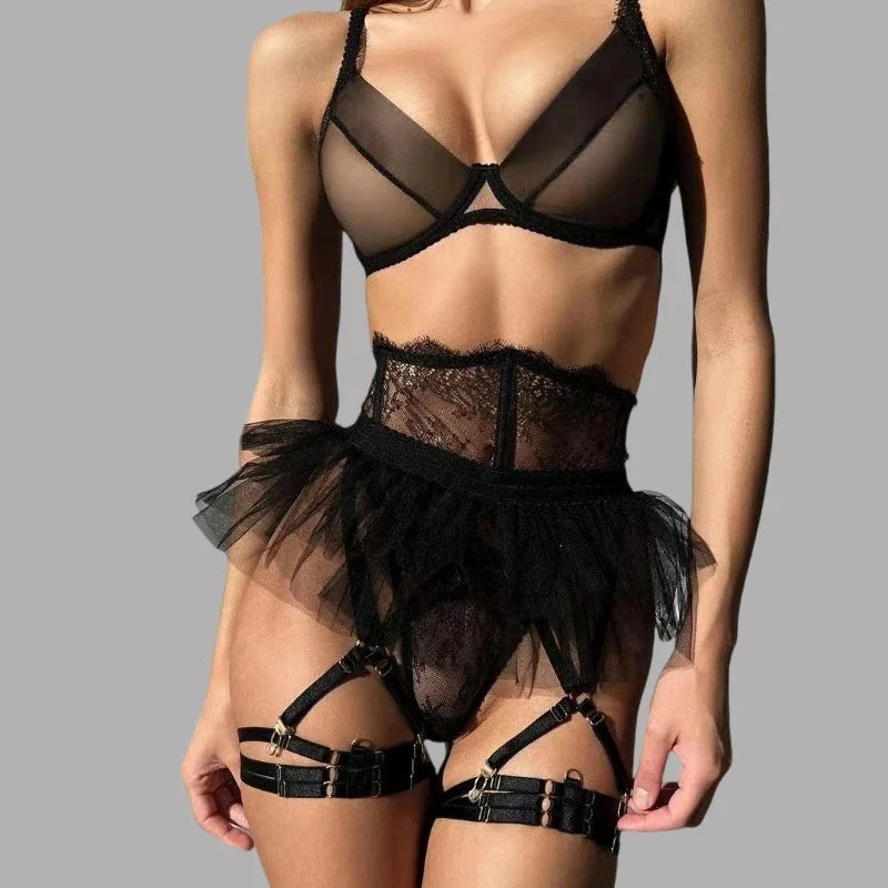 Toucheart 4 Piece Set Sexy Lingerie Set Lace Perspective Bra Women Mesh Patchwork Ruffled Skirt Garter Socks Sexy Underwear Suit