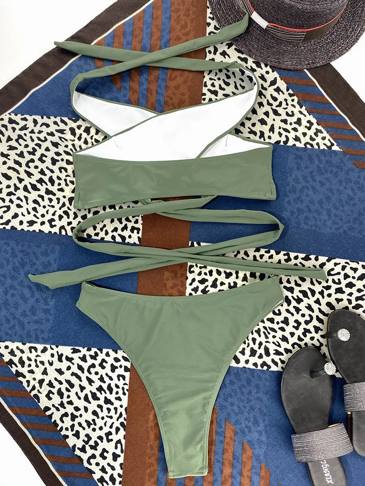 Halter Cross Bandage High Cut Bikini Women Swimsuit Female Swimwear Two-pieces Bikini Set Hollow Out Bather Bathing Suit Swim