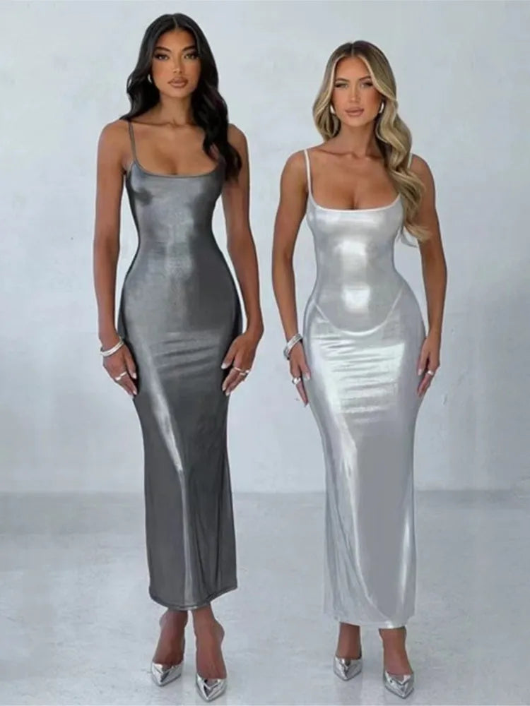 Faux Leather Slim Spaghetti Strap Dress For Women Strap Long Dresses Package Hip Bodycon Sexy Low Cut Party Evening Vestidos
