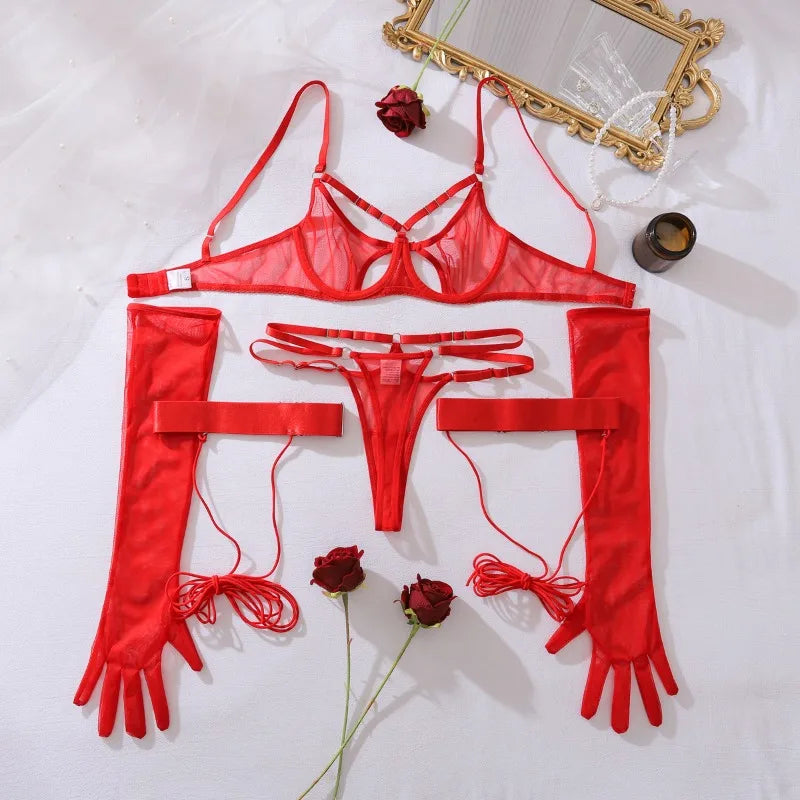 Toucheart Sexy Mesh Lingerie Split Kit with Gloves Steel Ring Laceup Patchwork Skinny See-through Hollow Interesting Private Set