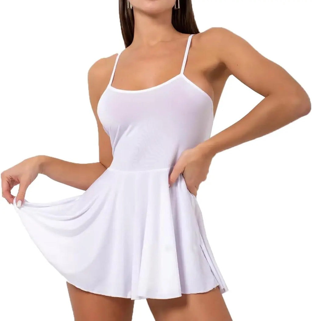 Women Mini Dress Spaghetti Strap Bodycon Cami Dress Sleeveless Pleated Skirt Summer Party Club Short Dress