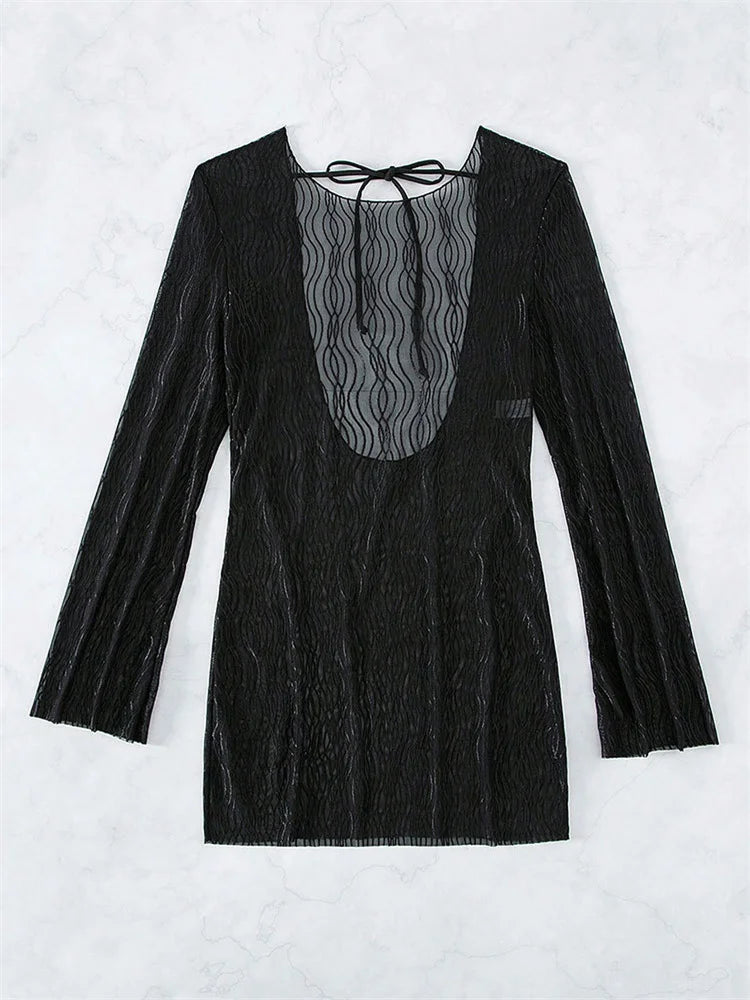 Bikini Beach Outfits Sexy Elegant Long Sleeve Mesh Solid White Dresses and Tunics for Women Cover-Up Swimwear Summer Dress