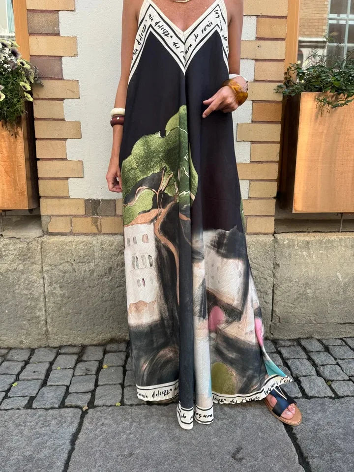 Casual Vacation Style Print Spaghetti Strap long Dresses Women Sexy V-neck Backless Loose Sleeveless Dress Female Summer New