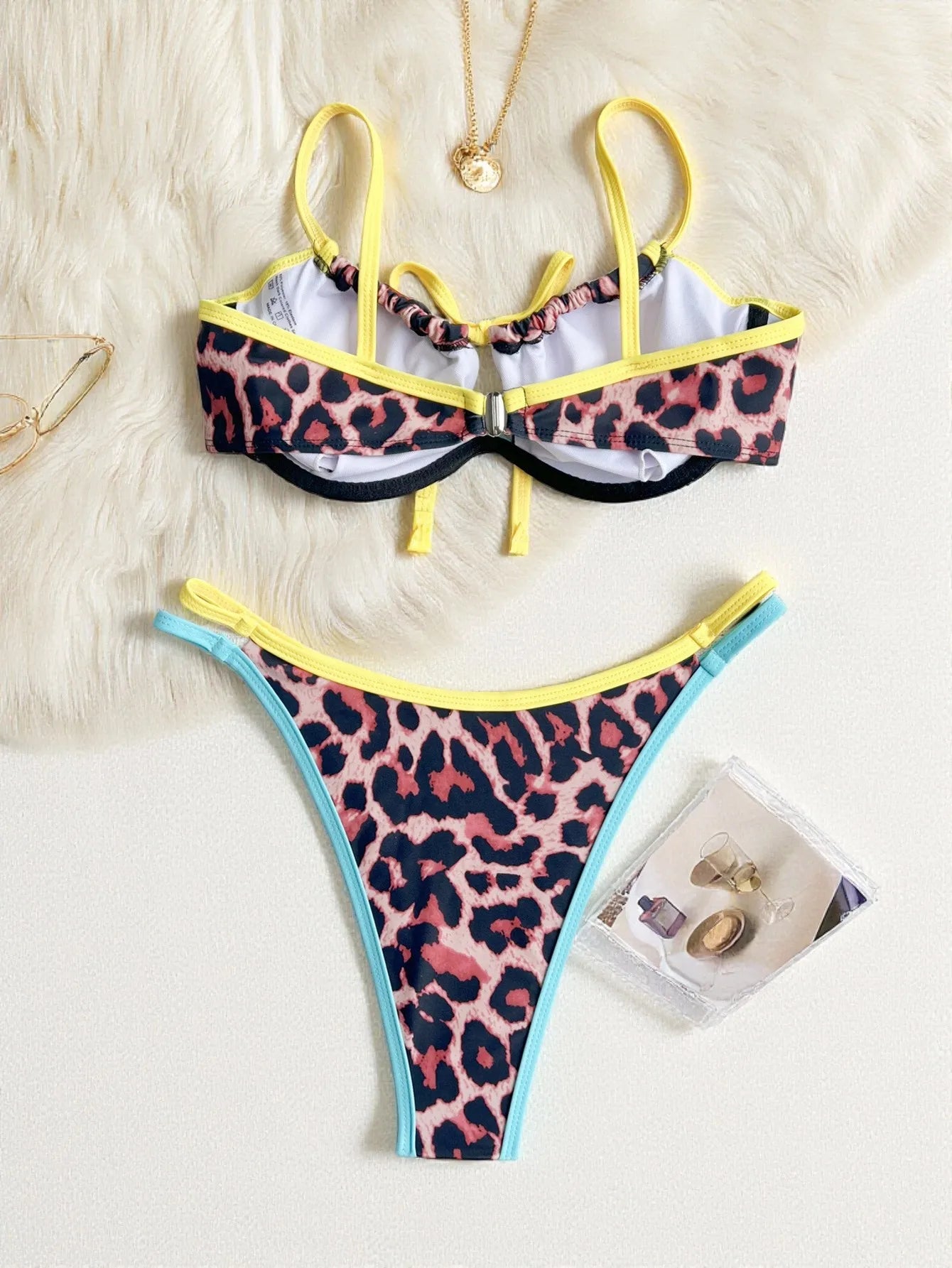 Contrast Color Leopard Swimsuit for Women Sexy Push Up Thong Bathing Suit Beachwear Underwire Low Waist Swimwear String Bikinis