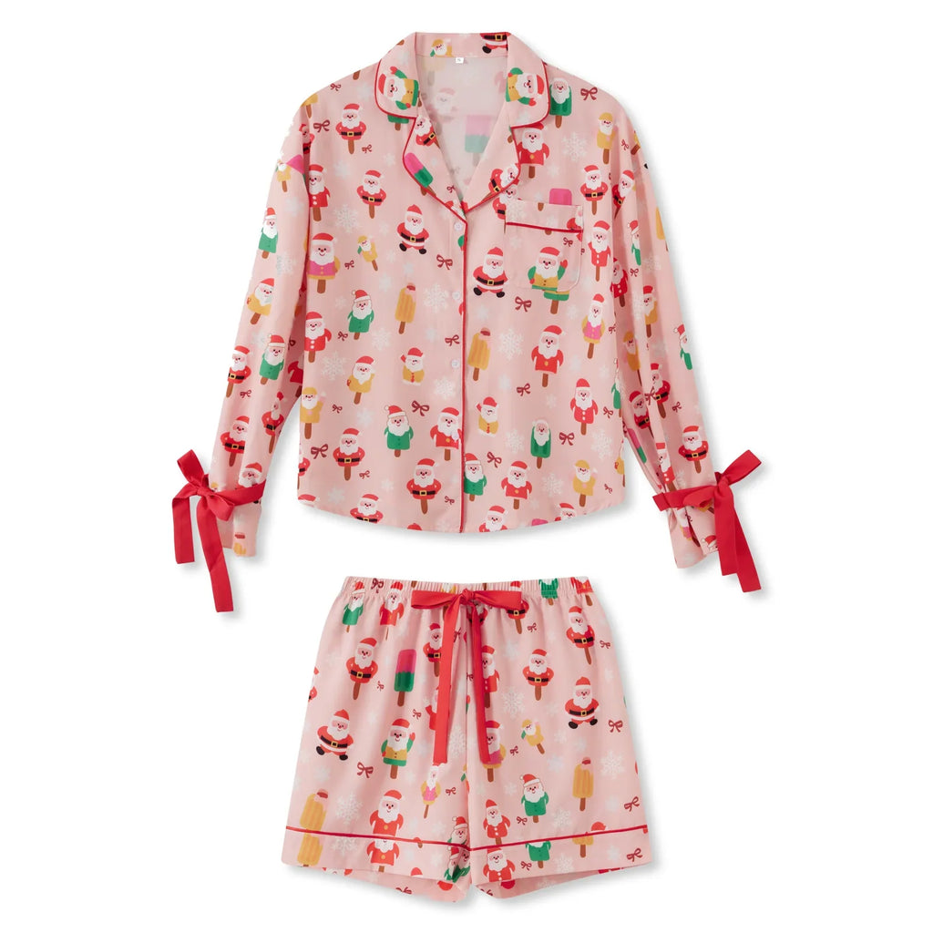 Women 2 Piece Christmas Pajama Set Santa Print Long Sleeve Button-up Tops and Elastic Waist Shorts Satin Fall Sleepwear