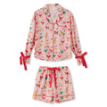 Women 2 Piece Christmas Pajama Set Santa Print Long Sleeve Button-up Tops and Elastic Waist Shorts Satin Fall Sleepwear