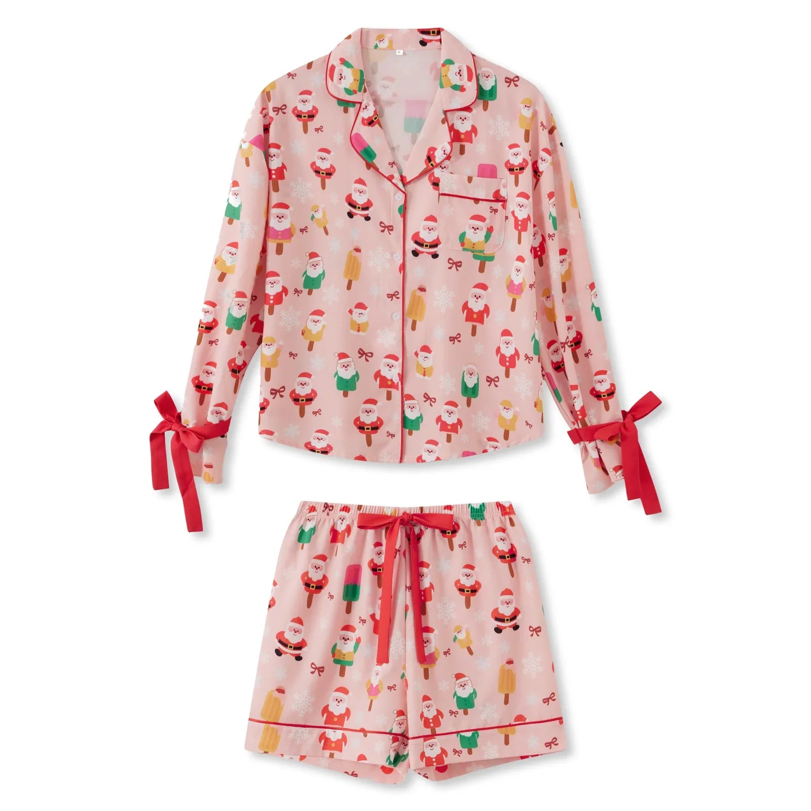 Women 2 Piece Christmas Pajama Set Santa Print Long Sleeve Button-up Tops and Elastic Waist Shorts Satin Fall Sleepwear
