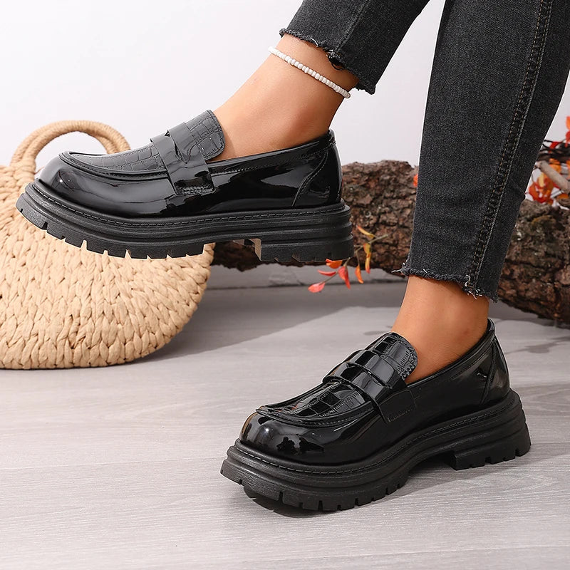 Patent Leather Chunky Platform Loafers Women British Style Plus Size 43 Thick Heel Pumps Woman Slip On Round Toe Oxford Shoes