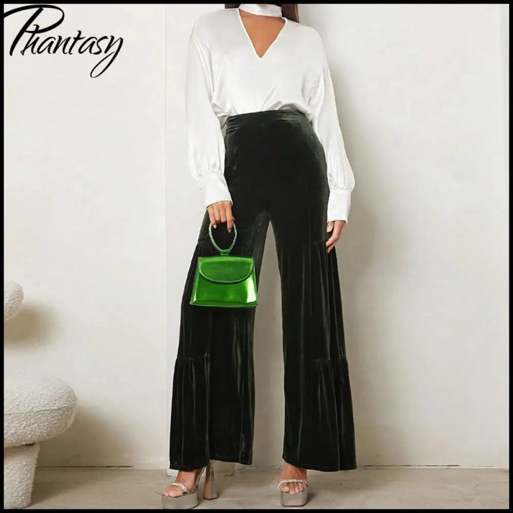 Autumn Winter Velvet Wide-Leg Pants Elegant Ruffled High-Waisted Straight-Leg Pants for Lady Casual Commuter Loose-Fit Trousers