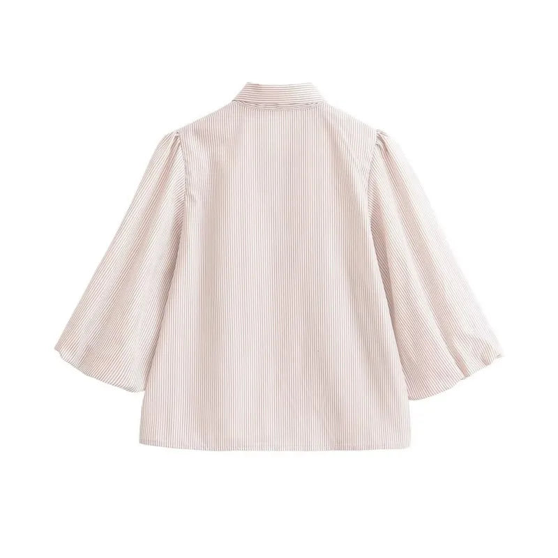Women's Fashion Casual Bow Striped Shirt Striped Double Bow Tie Neck Button Down Blouse Sleeve Casual Shirt For Daily Wear WON6