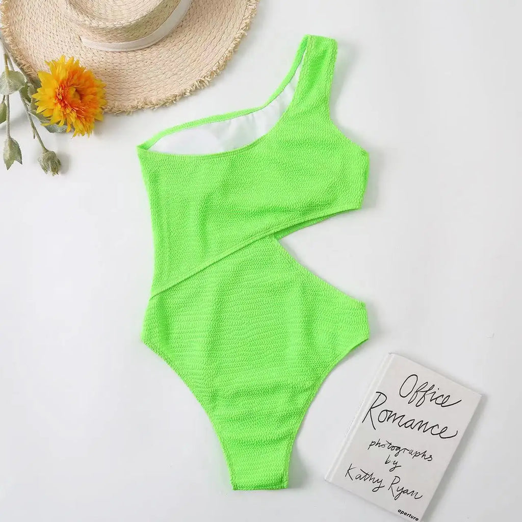 2024 New One Shoulder Women's Swimsuit One Piece Cut Out Sexy Swimwear Women Textured Monokini Solid Bathing Suit Beach Wear