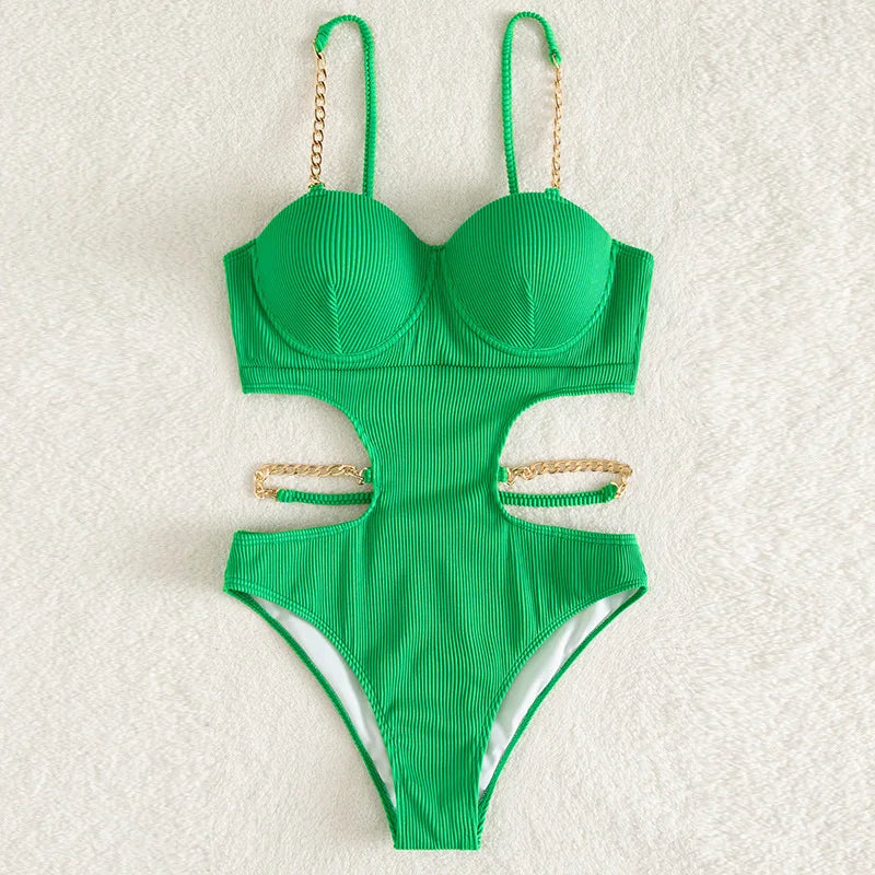 Sexy Push Up Underwire One Piece Swimsuit Women Solid Pink Metal Chain Hollow Out Ribbed Bathing Suit Backless Swimwear Monokini