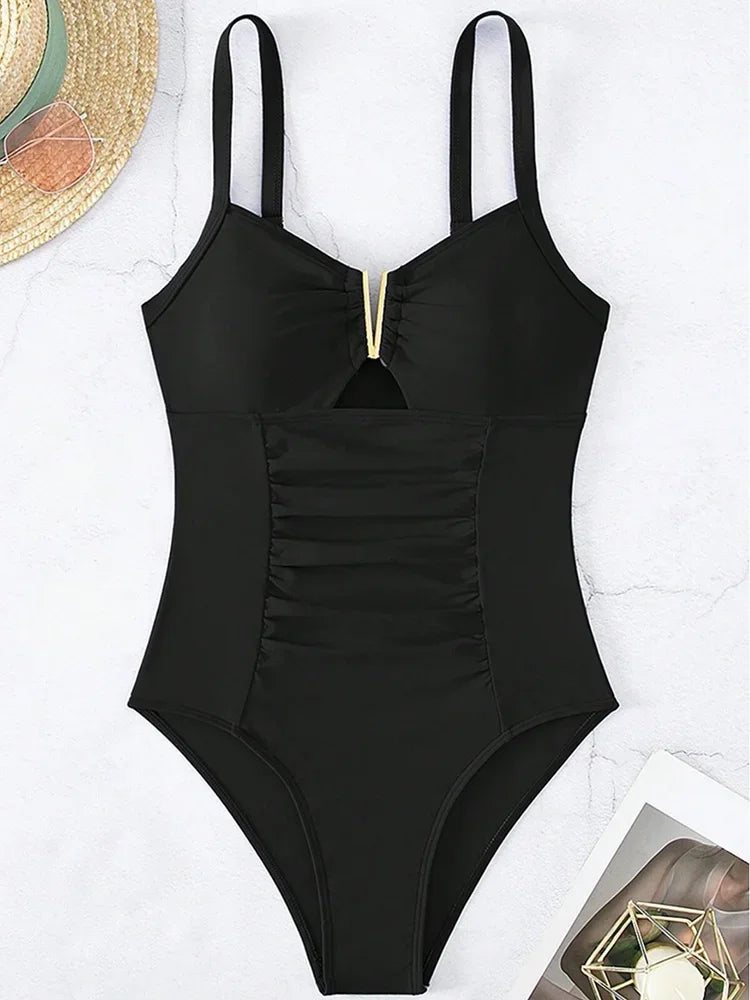 U Shaped Pleated Swimsuits Female Swimwear One Piece Swimsuit Women Monokini High Cut Bathing Suit Swim Beachwear Slim Bodysuit