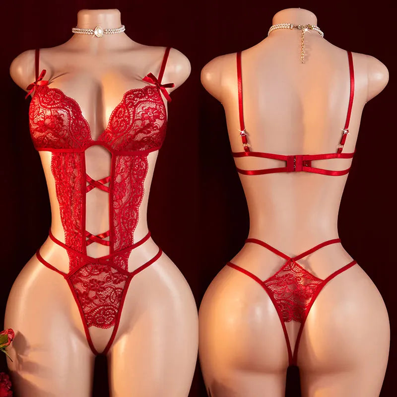 Teddy Transparent Lace Lingerie Deep V Open Bra Sexy Lingerie Women Sleepwear Open Croth Bodysuit Lenceria Porno Underwear Set