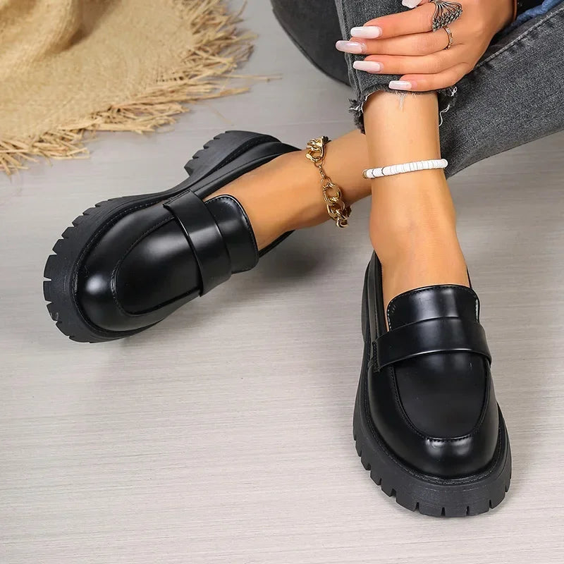 Plus Size 35-43 Black Pu Leather Loafers Women British Style Slip On Platform Shoes Woman Thick Sole Japan School Uniform Shoes
