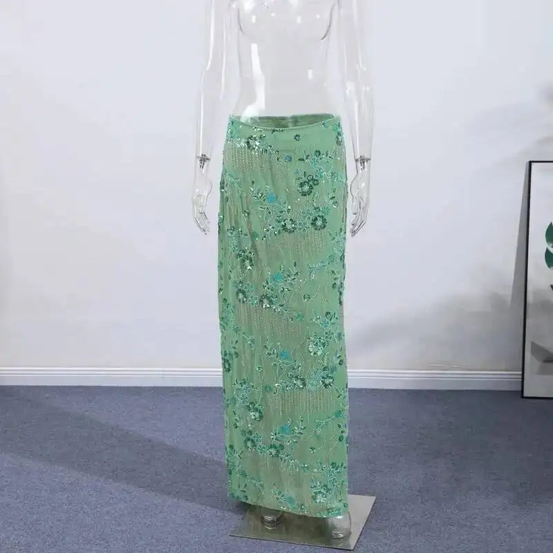 Sexy Beading Sequined Long Skirt Women Solid Low Waist Slim Straight Skirts Female Summer Lady Chic Beach Vacation Clothes JO6M
