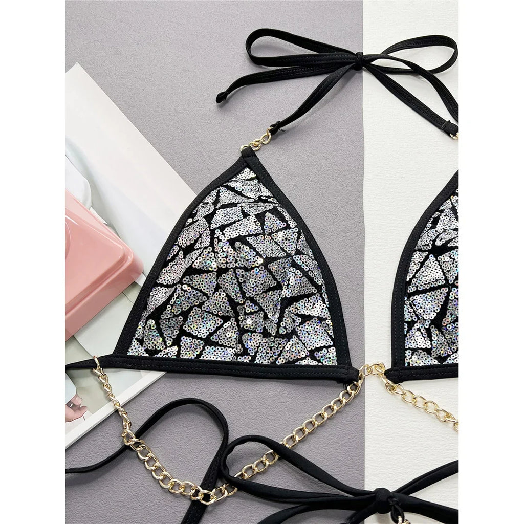 New Bling Sequins Halter Metal Chains Bikini Women Swimwear Female Swimsuit Two-Pieces Bikini Set Bather Bathing Suit Swim V4865