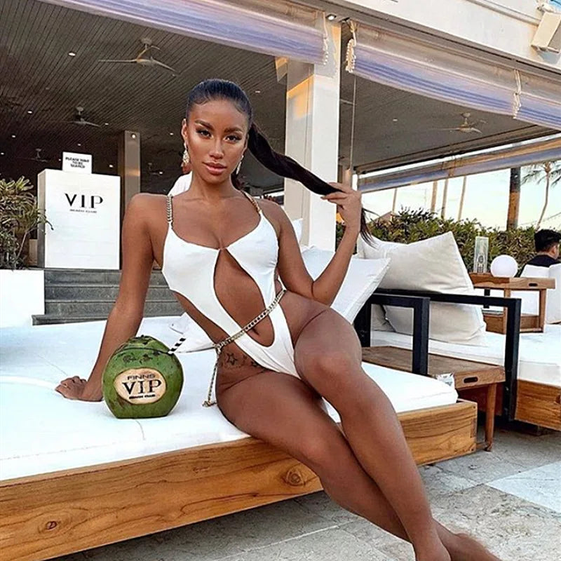 DEKA Chain Swimwear Women's New Hollow Out Metal One-piece Swimsuit High Elasticity Beach Vacation Style Halter Bikini Female