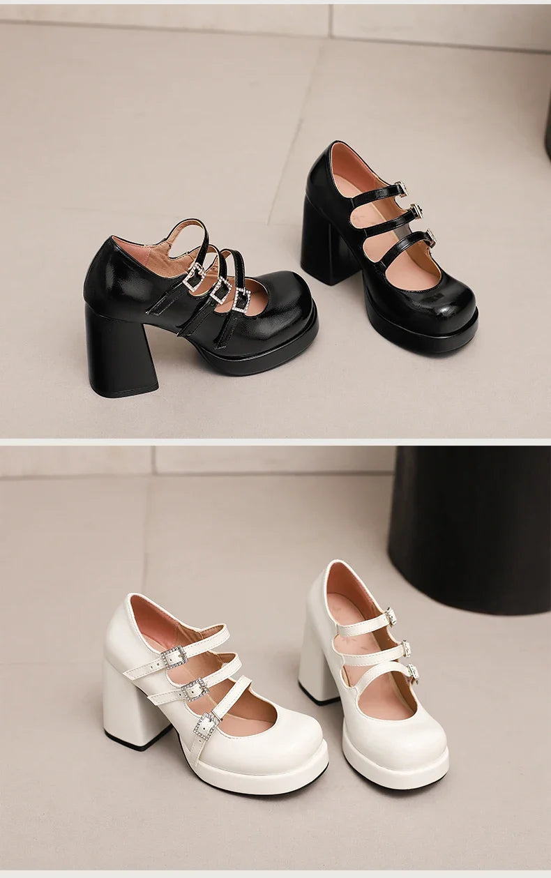 Plus Size Women Red Patent Leather Platform Mary Jane Shoes 3 Rhinestone Buckle Straps Chunky Block  Y2K Lolita Party Pumps