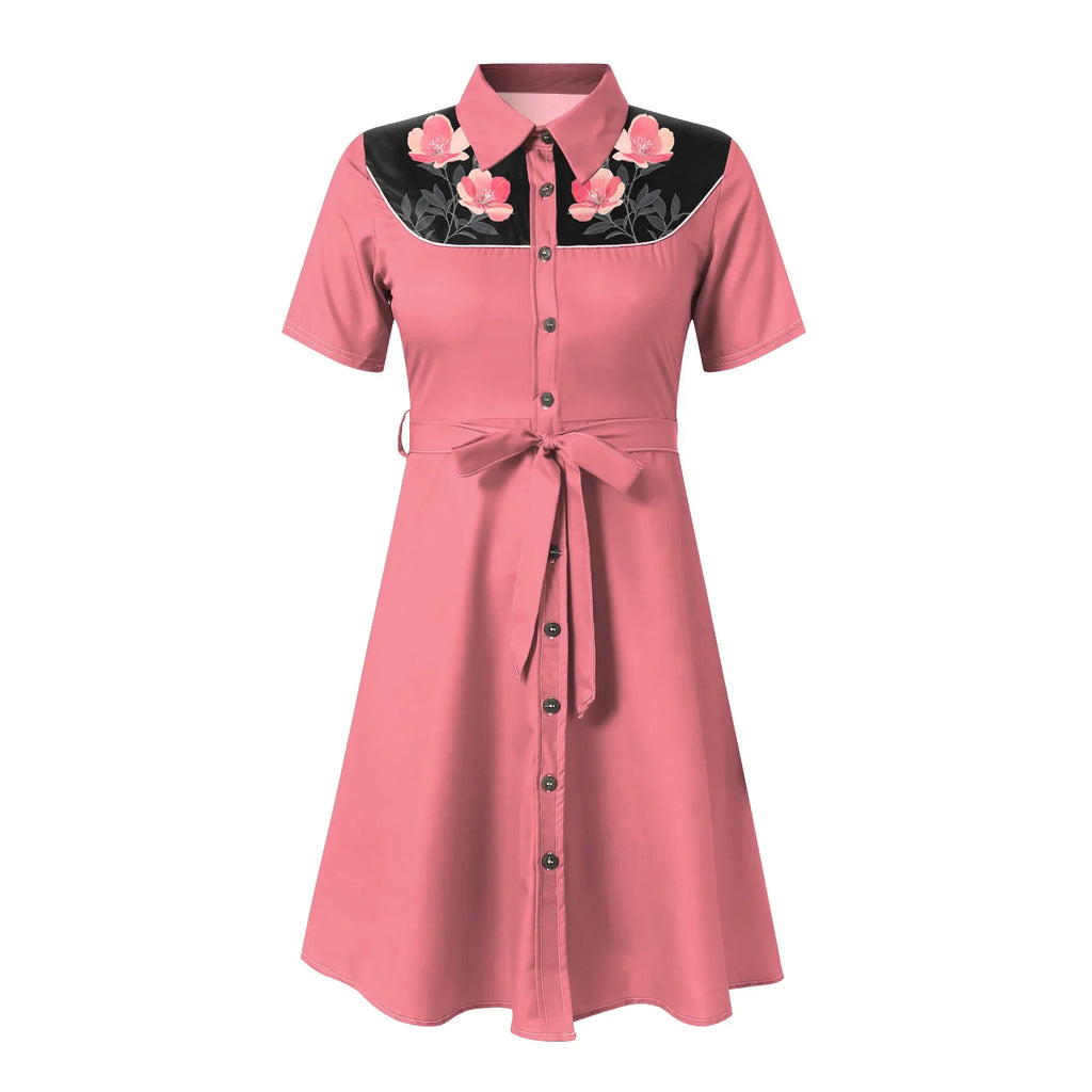 Western Cowgirl Printed Dress Halloween Cosplay Costume Summer Cowboy Button-Down Dress Short Sleeves 100% Cotton Sexy Dress
