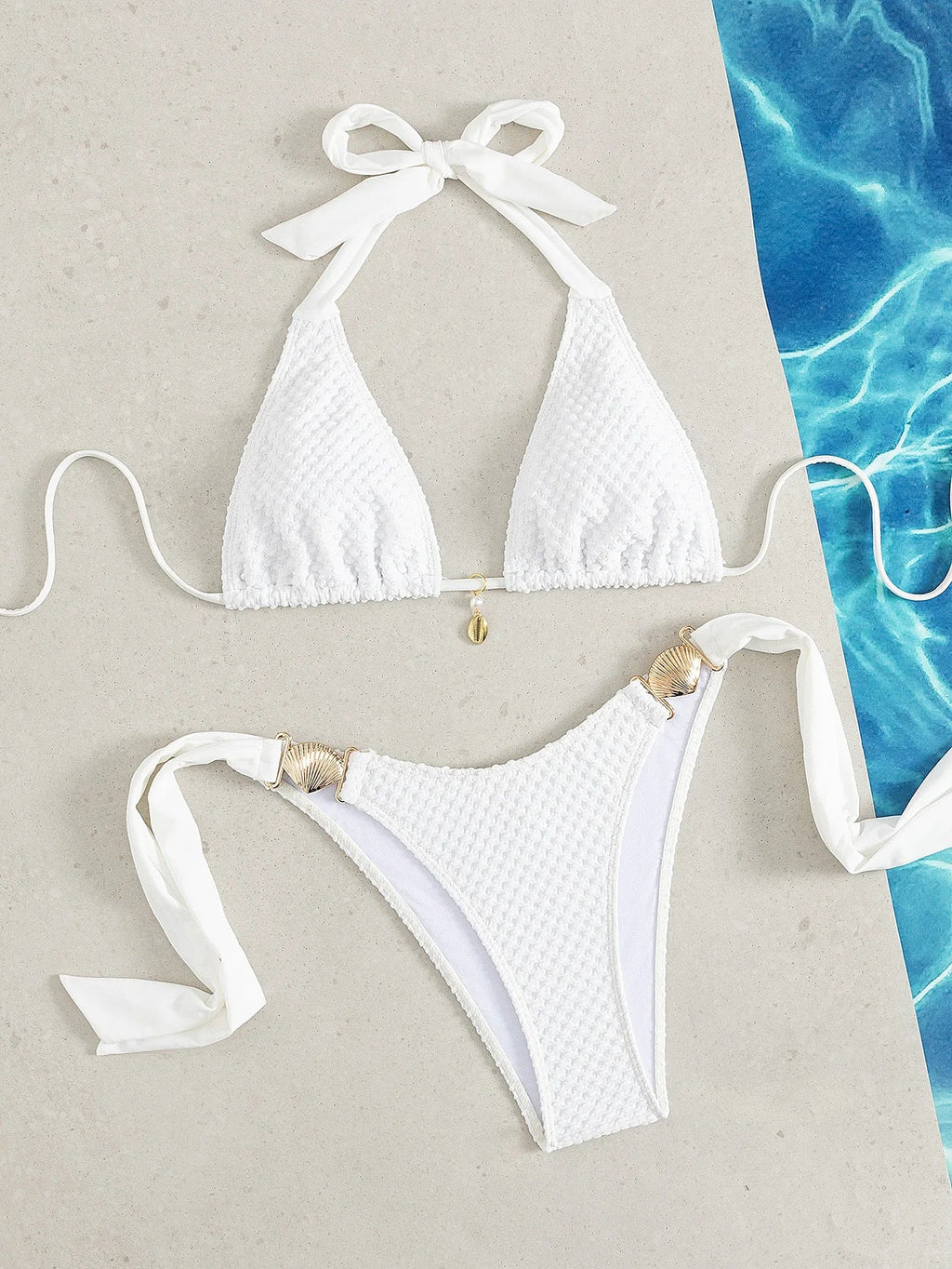 Sexy White Bikini 2026 Mujer Women Metal Shell Bandage Thong Swimsuit Summer Push Up Bra Beach Bathing Suit Holiday Swimwear