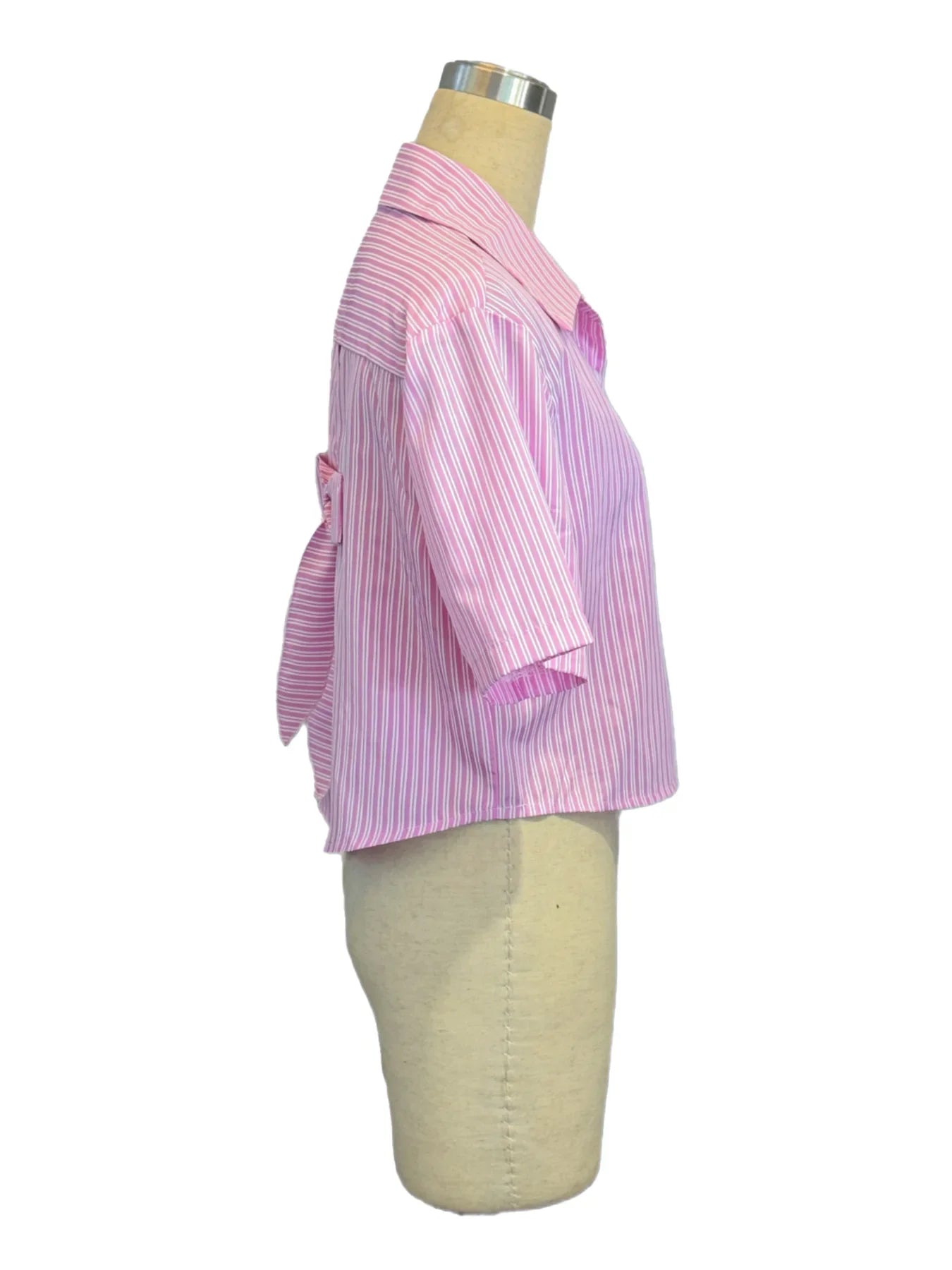 Y2K Style Pink Striped Crop Blouse for Women Short Sleeve Lapel Button-Up Women's Shirt Back Tie Top Lady Summer Casual Outfit
