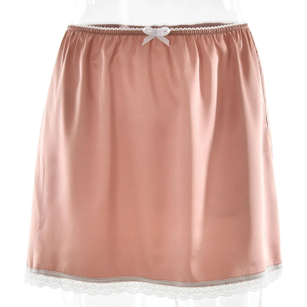FDYOUI 2026 Summer Bowknot Lace Patchwork Satin Skirts for Women Casual Girls Clothes Sexy High Waist Short Skirt Y2K Streetwear