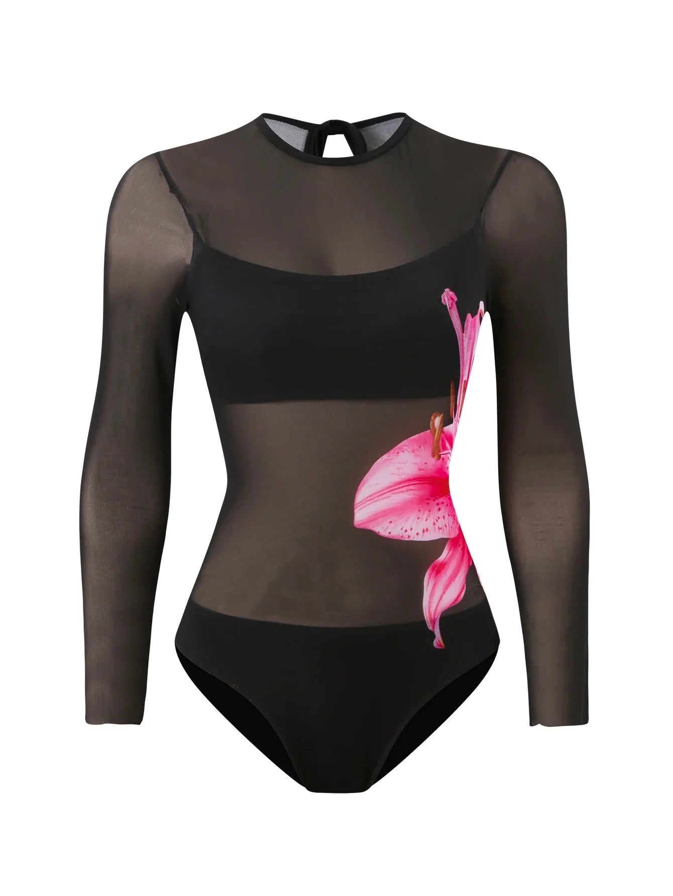 2026 Printed Mesh Swimsuit One Piece & Beach Dress Long Sleeves Swimwear Women Bathing Swimming Swim Suit Padded Beachwear