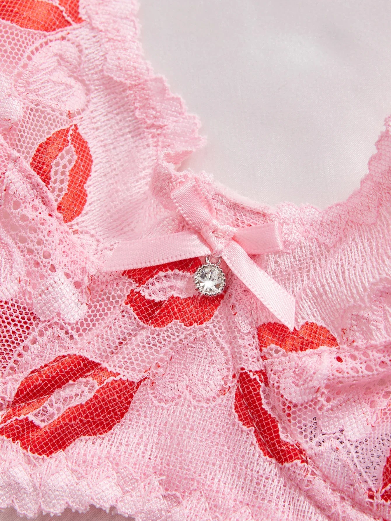 3PCS Sexy Lace Lip Print Women Lingerie Set Hollow Out Mesh Unlined Underwire Bra Bow & Rhinestone Sexy Bras