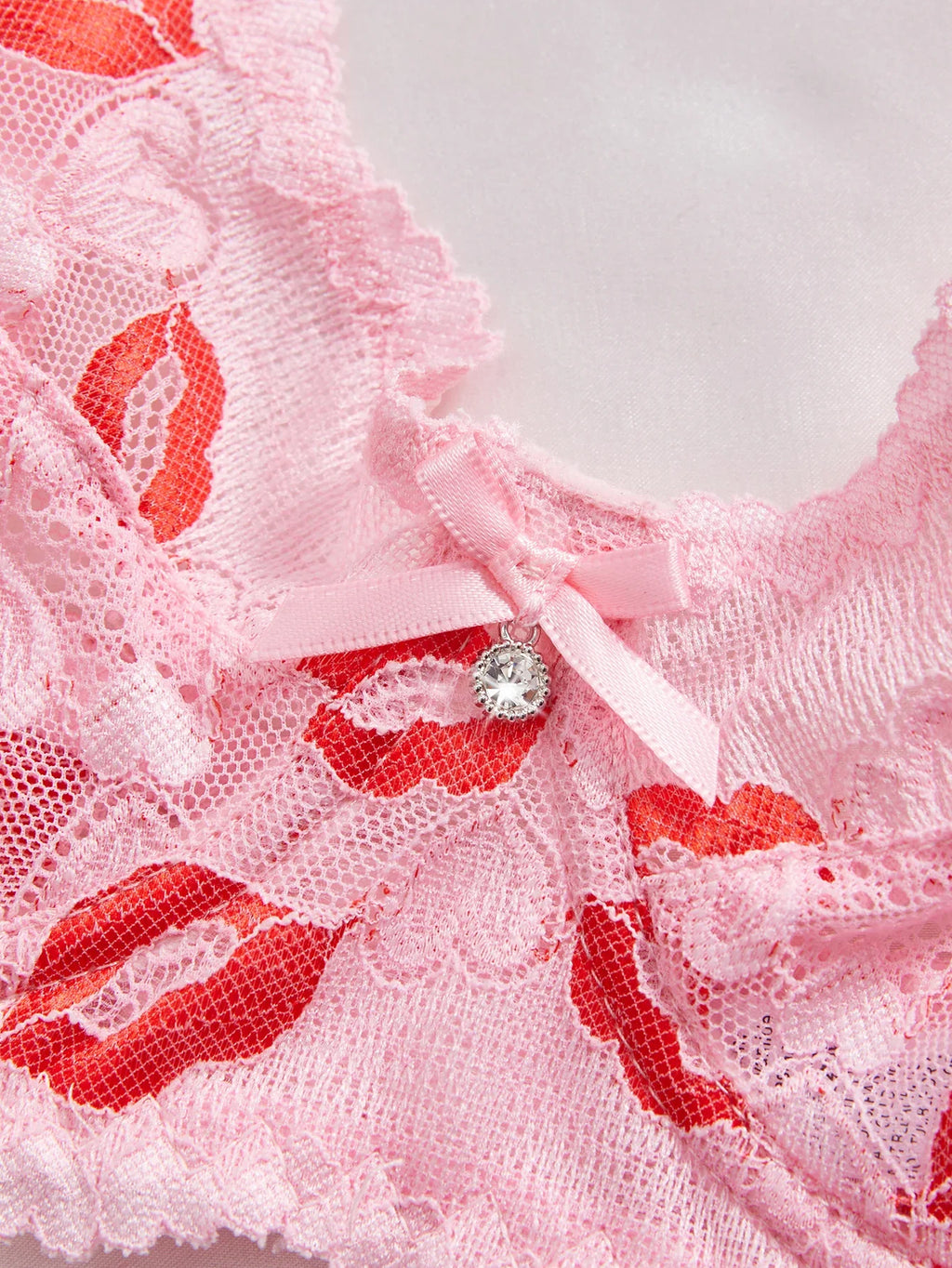 3PCS Sexy Lace Lip Print Women Lingerie Set Hollow Out Mesh Unlined Underwire Bra Bow & Rhinestone Sexy Bras