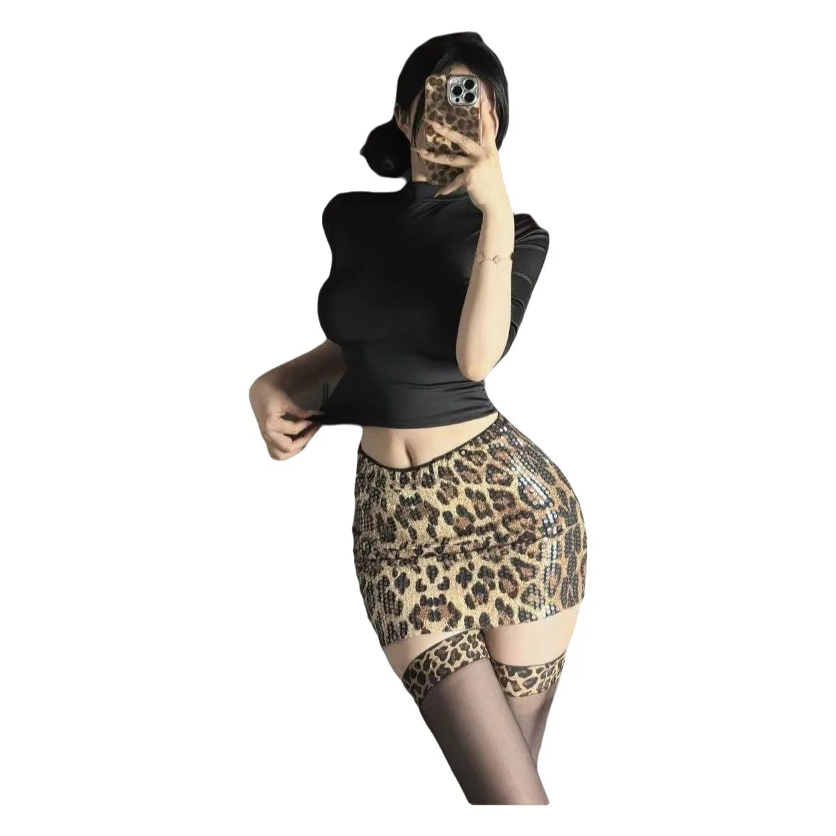 Straw-baby Girl Sexy Hot Girl Slim-fit Short-sleeve Top Elegant Leopard Print Sequin Short Skirt Slimming And Stylish Charm 5V05