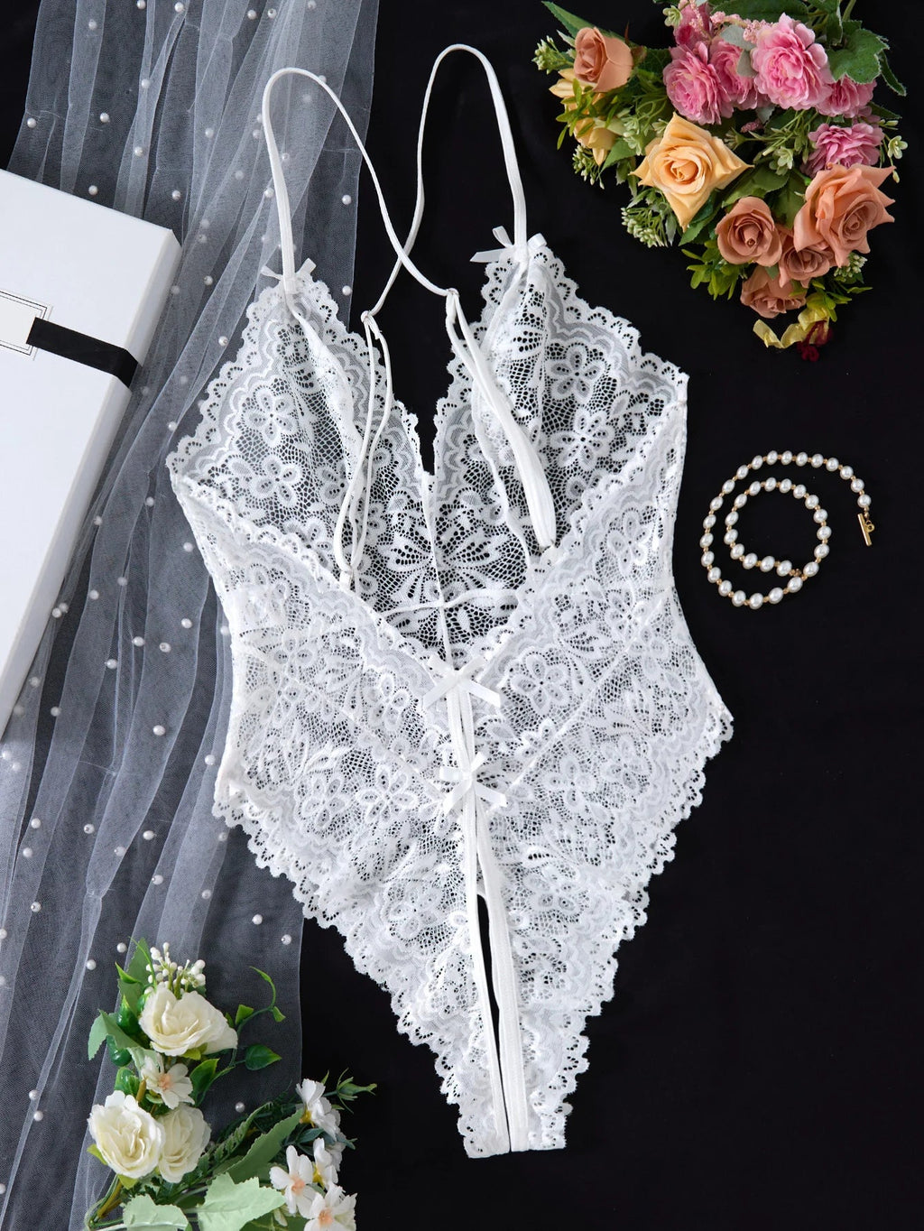 White Embroidered Lace Falafan Dress Set - Sexy Lingerie for Women - Sexy Bra Set with Strap Design on the Back 21077