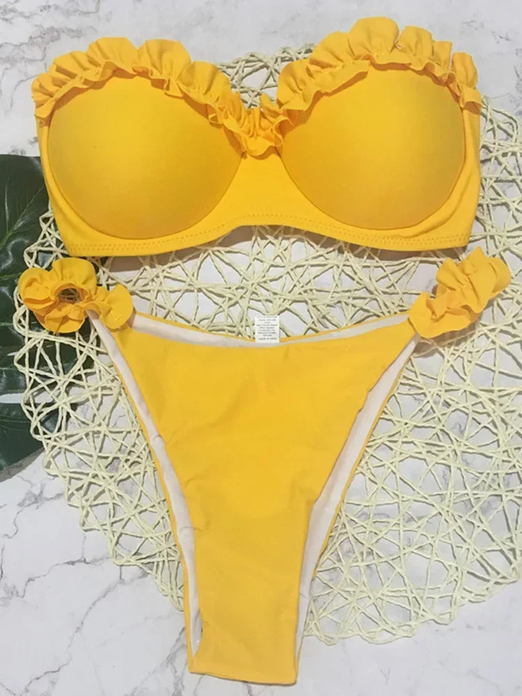 Leopard Ruffled Bra Cup Bikini 2025 Women Bandeau Swimsuit Female Swimwear Two Pieces Bikini Set Push Up Bathing Suit Swim Lady