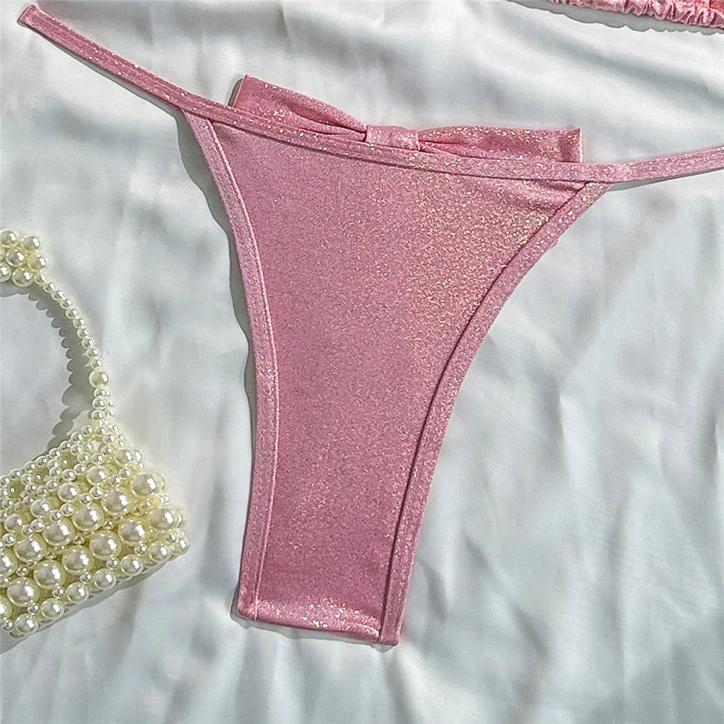 Glitter Sparkling Bow Halter Bikini Female Swimsuit Women Swimwear Two-Pieces Bikini Set Padded Bather Bathing Suit Swim V7567