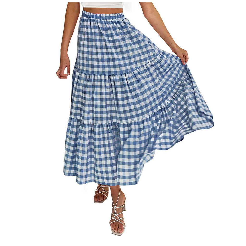 2026 Summer Vintage Checkered Maxi Skirt Women High Waisted Elastic Plaid Ruffle Long Skirts Retro Sweet Cake A  Line Skirts