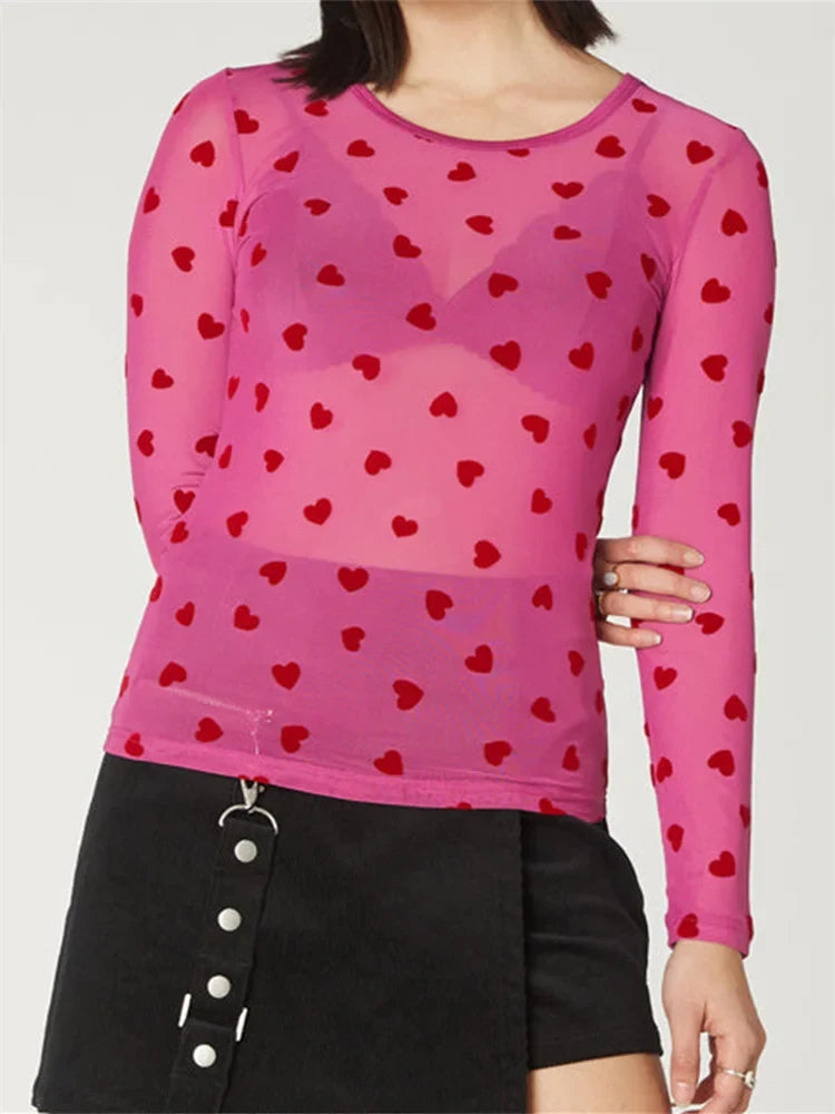 Women's Mesh Tops Long Sleeve Round Neck Heart Print Trendy T-Shirts Summer Spring Sexy Beach Club Shirts Cover-ups