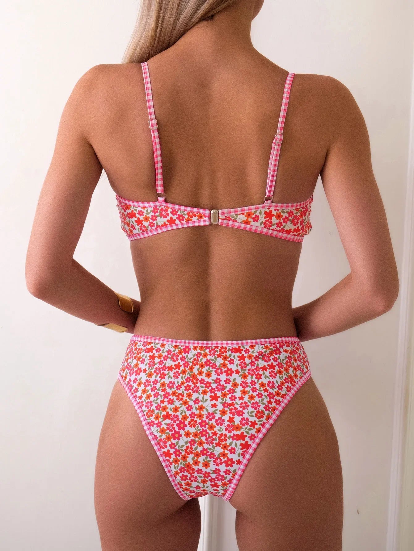 Rose Red Flower Print Bikini Set Women 2026 Summer New High Waist 2 Piece Swimsuit V-neck Bra Push Suspender Backless Swimwear