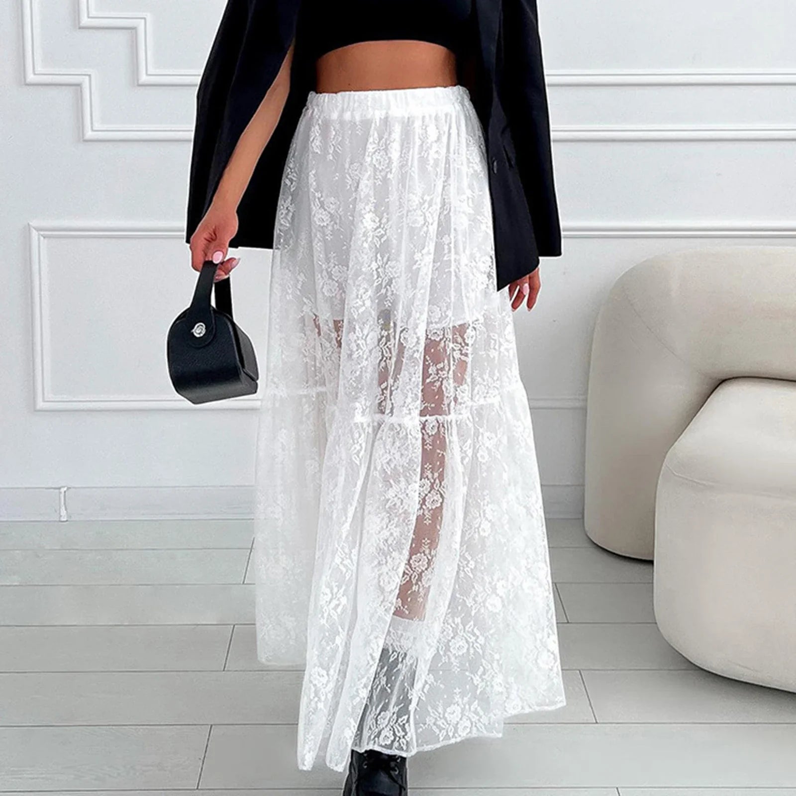 Women See-Through Lace A-Line Skirts Casual Summer Solid Color Elastic Waist Long Skirt for Beach Vacation Club