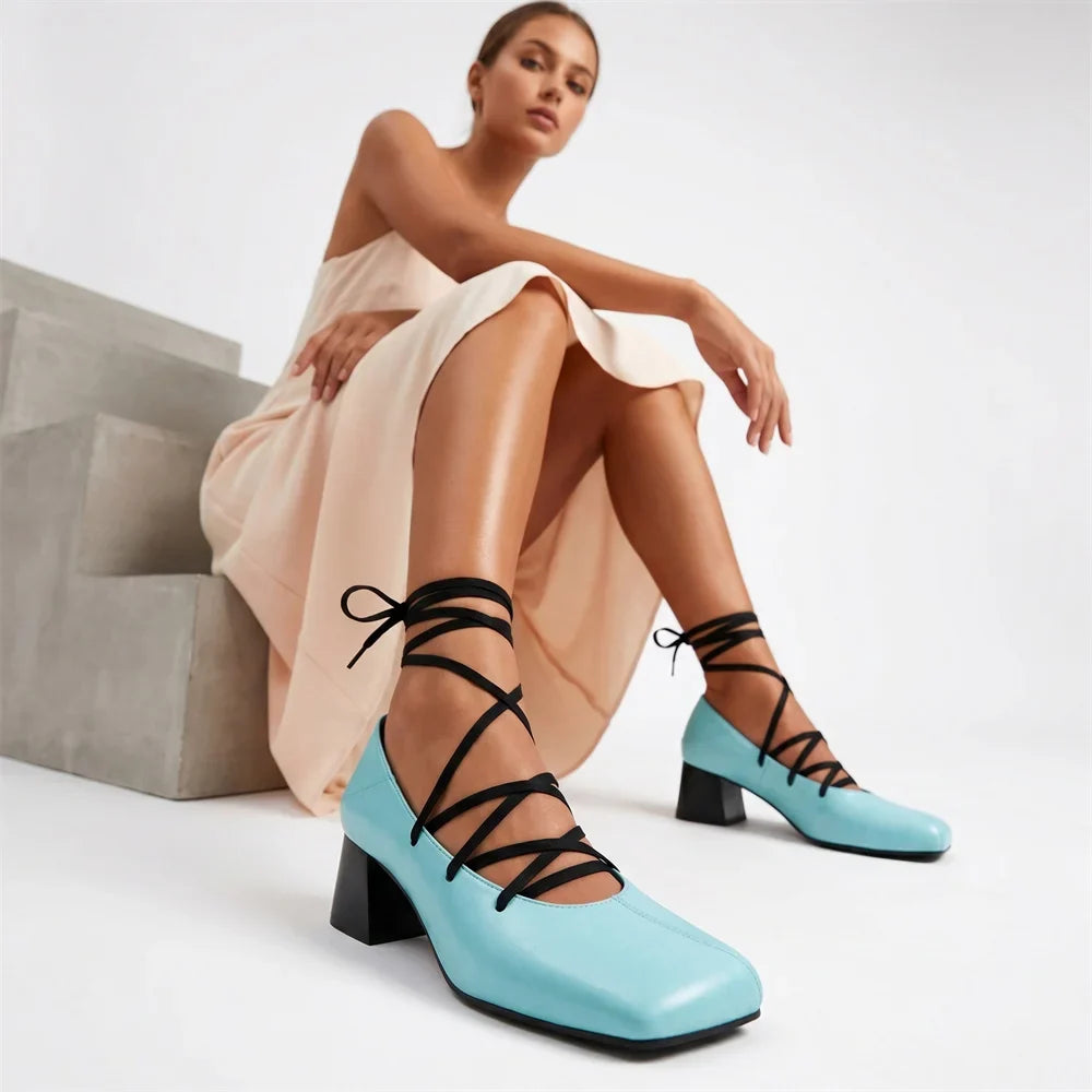 Plus Size 52 Retro Lace Up Ankle Wrap Mary Jane Heels Women Shoes Square Toe Faux Leather Chunky Block Mid Heel Vintage Pumps