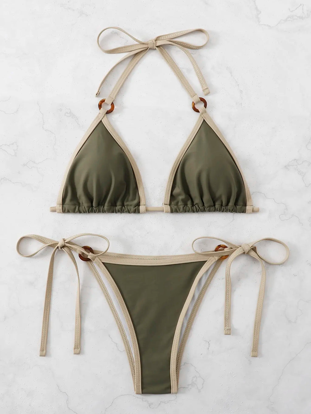 Contrast Binding Ring Bikinis 2025 Women Sexy Halter Swimsuit Triangle Swimwear Female Bathing Suit Swimming Summer Beachwear