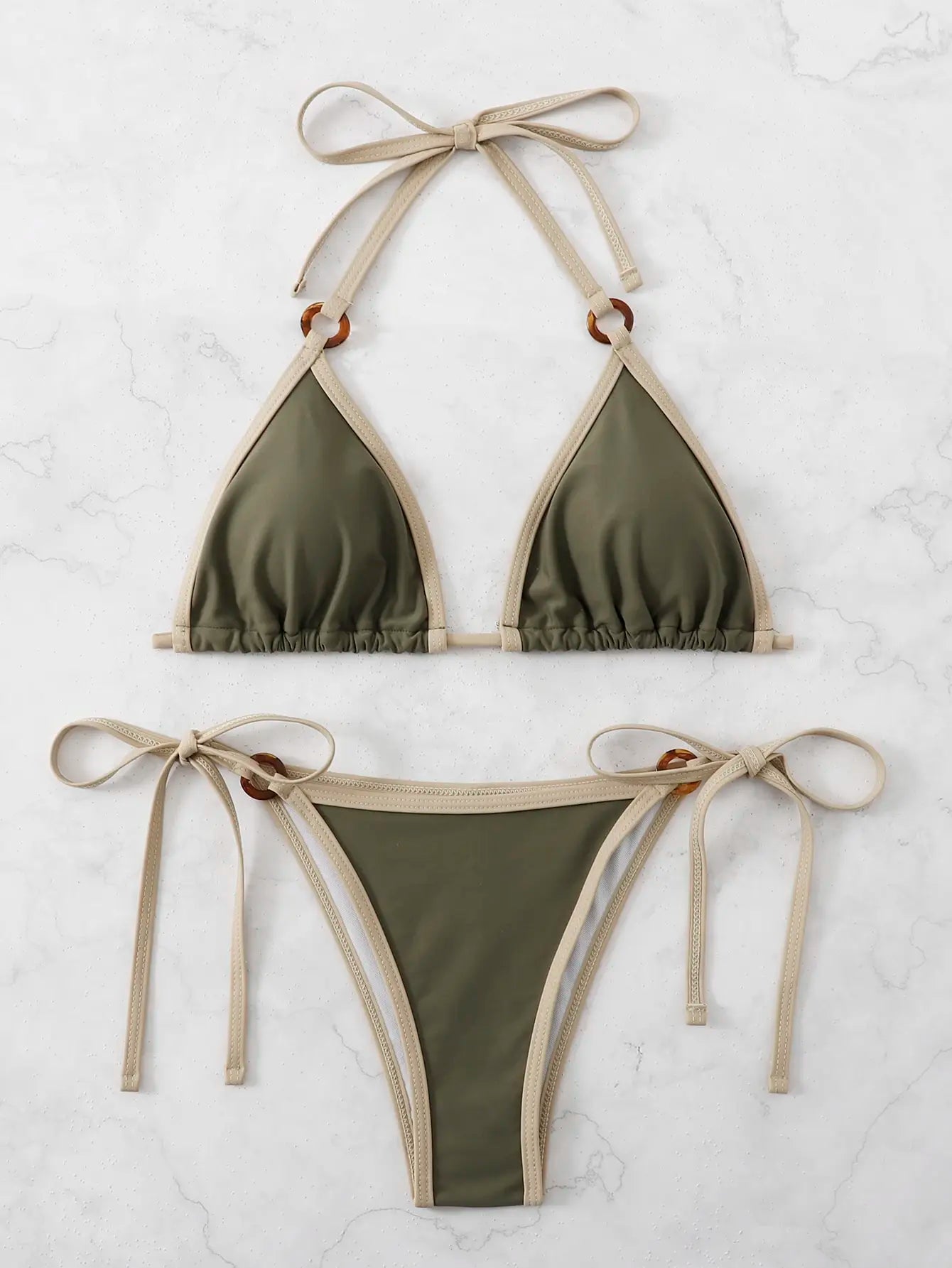 Contrast Binding Ring Bikinis 2025 Women Sexy Halter Swimsuit Triangle Swimwear Female Bathing Suit Swimming Summer Beachwear