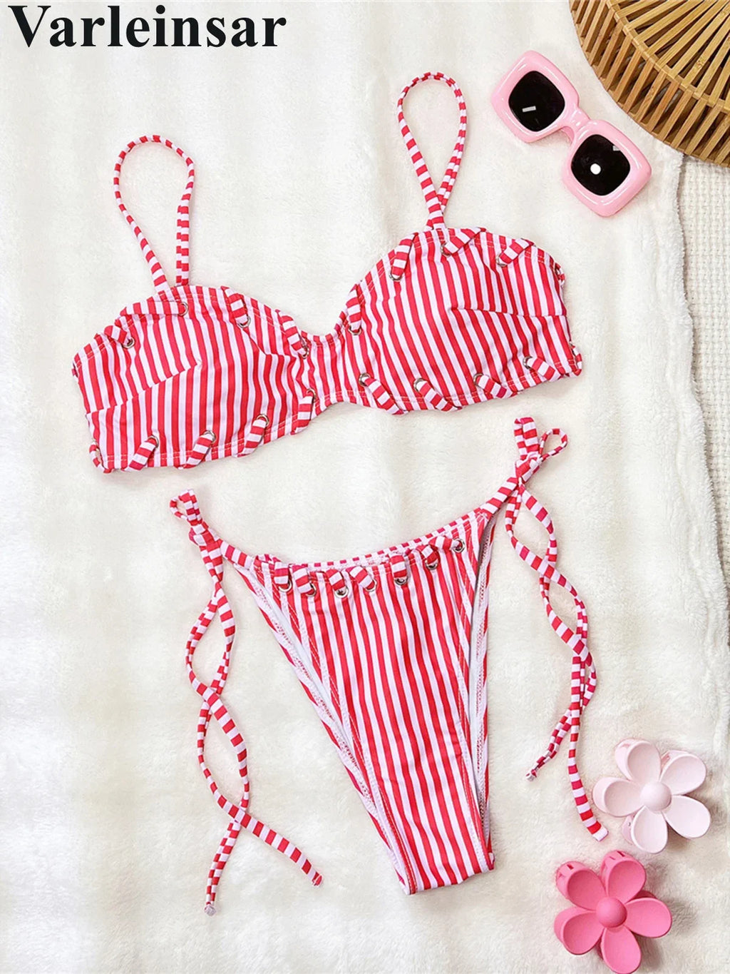 Striped Strappy Bikini Women Swimwear Female Swimsuit Two-Pieces Bikini Set High Leg Cut Padded Bather Bathing Suit Swim V8261
