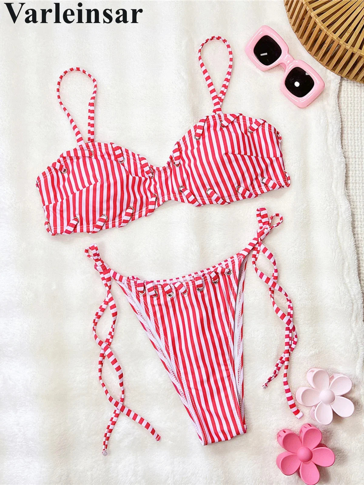 Striped Strappy Bikini Women Swimwear Female Swimsuit Two-Pieces Bikini Set High Leg Cut Padded Bather Bathing Suit Swim V8261
