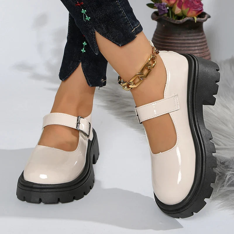 Patent Leather Thick Sole Mary Jane Shoes Women 2025 Ankle Buckle Platform Pumps Woman Round Toe High Heel Lolita Shoes Female